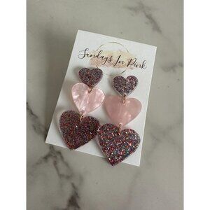 HEART Glitter Valentine Pink Drop Earrings NEW